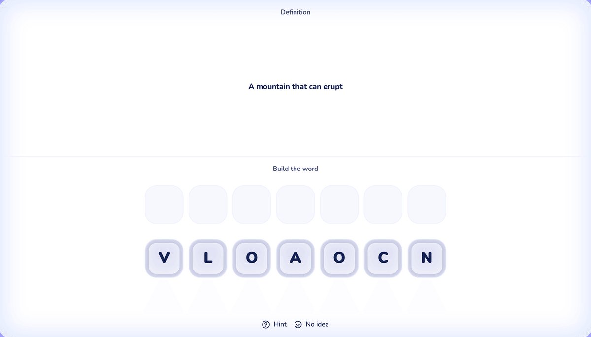 The unscramble game: empty letter slots and shuffled letter tiles