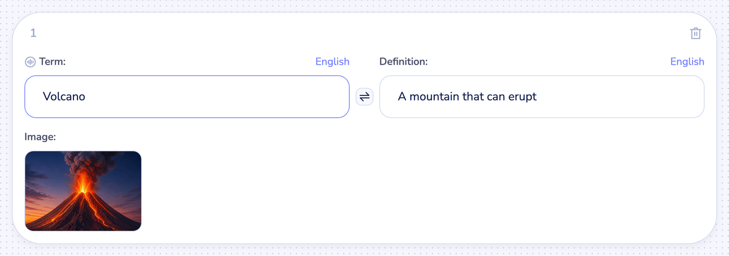 The Flash Cards deck editor: a card with a term, definition, audio and an image
