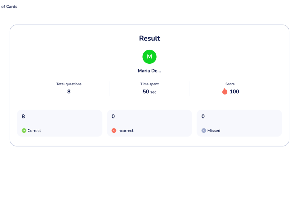 The teacher's auto-graded homework result: score plus Correct, Incorrect and Missed tiles