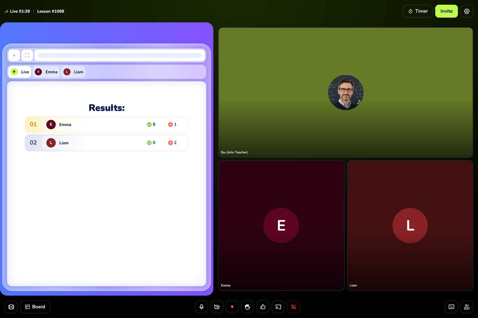 A Flash Cards deck open live in a lesson with a real-time Results leaderboard